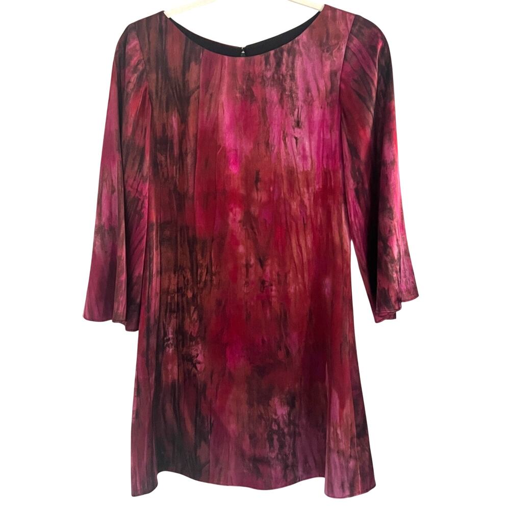 Alice + Olivia Pink Silk Mini Shift Dress 3/4 Kimono Sleeves Red Tie Dye Size XS